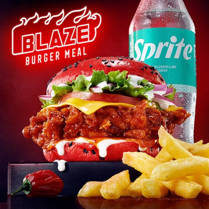 KFC Kentucky Town Pretoria Menu, 'Blaze Burger'. Food styling by Bianca Delides. Photographed by Graeme Borchers.