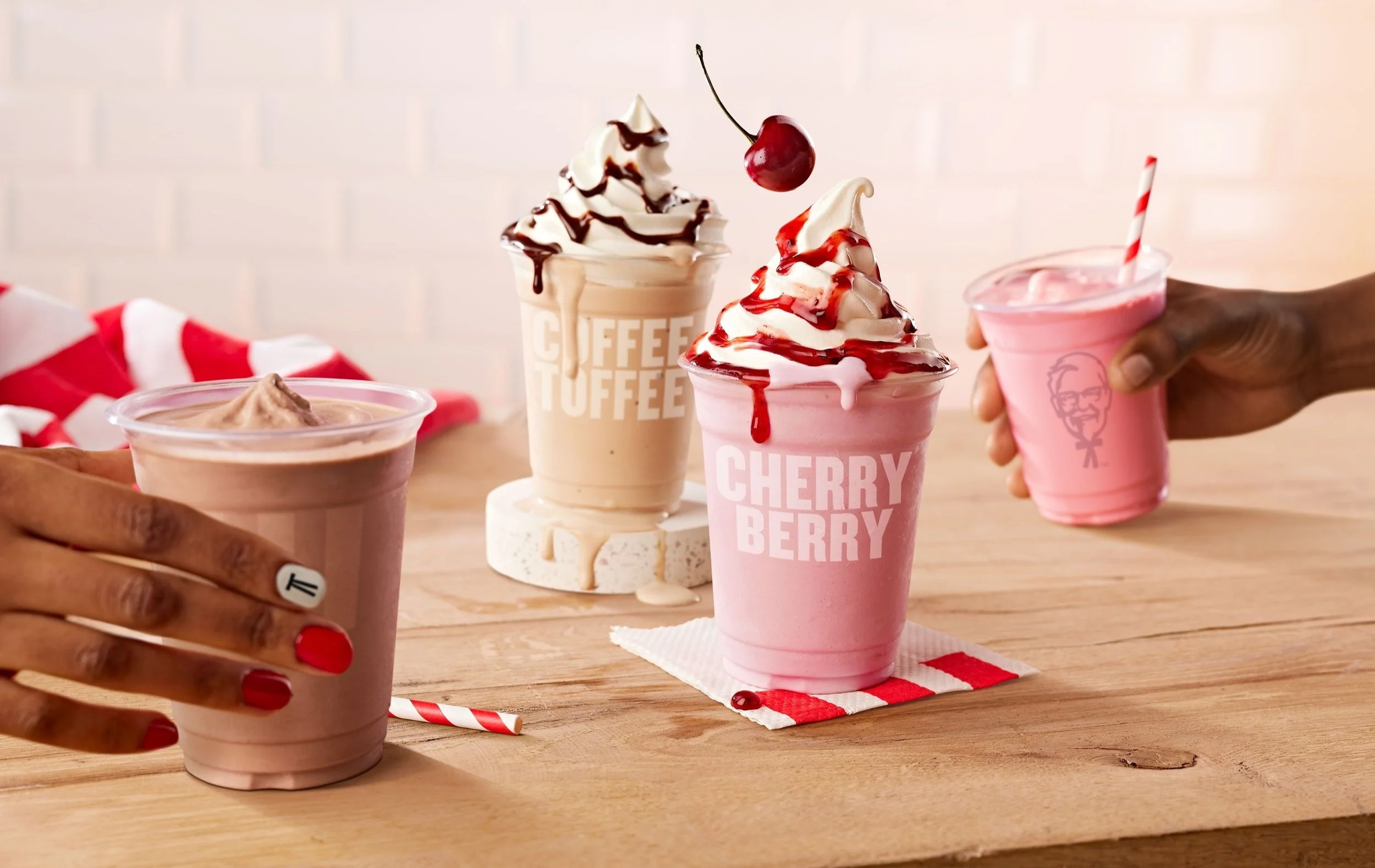 Cherry Berry and Toffee Coffee Milkshakes styled for KFC. Photographed by Adam Fine.