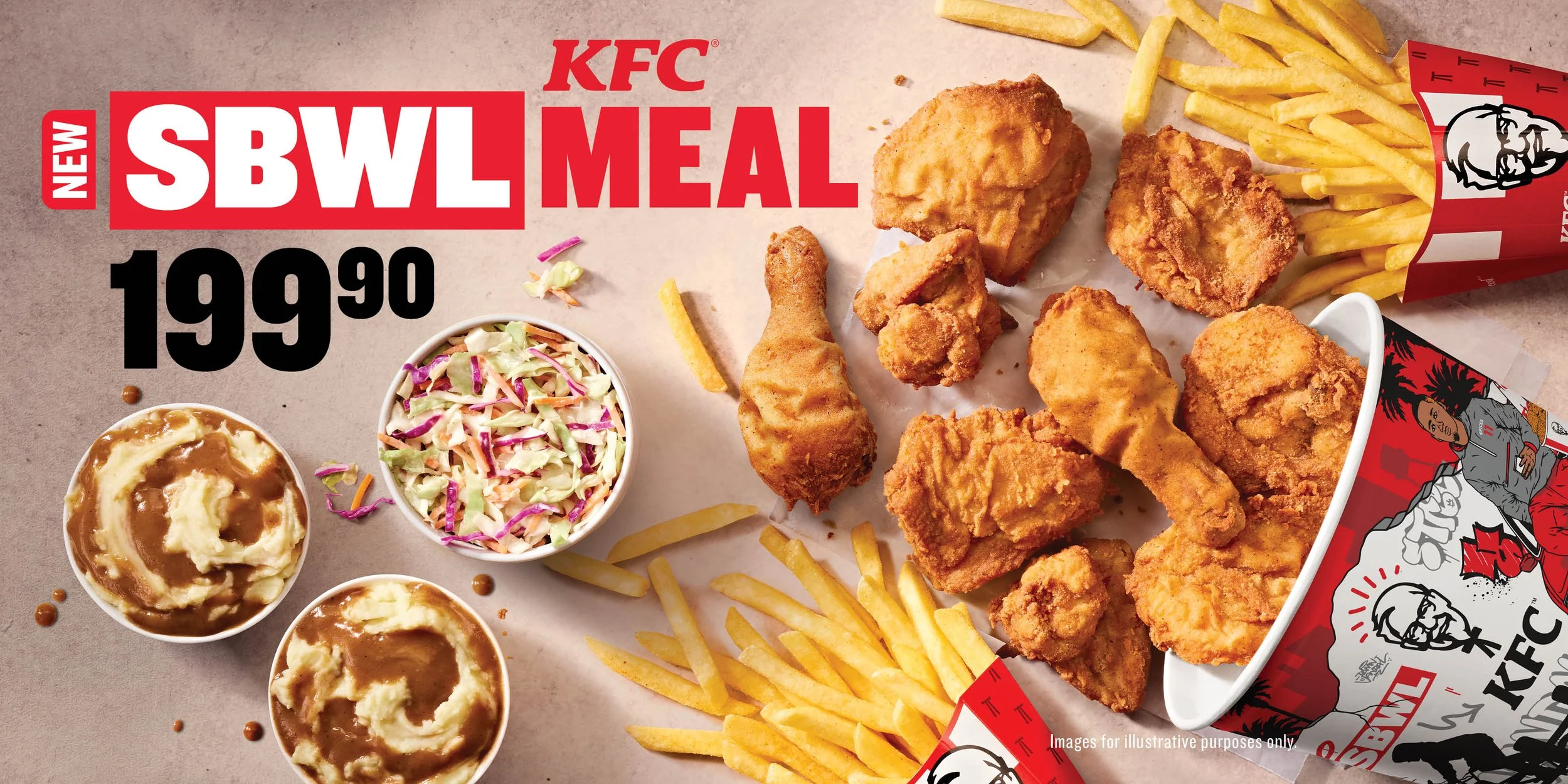 KFC SBWL Meal. 9 piece bucket, two mash and gravies, coleslaw and two large chips. Food photography by Adam Fine. 