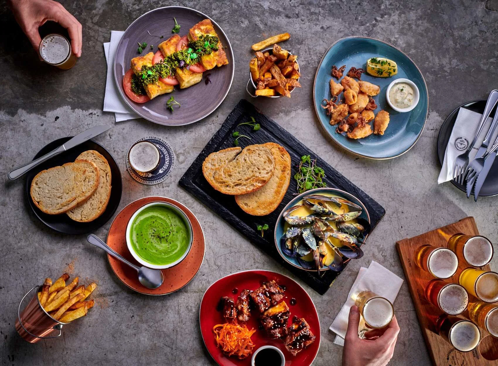 Tapas selection styled for Airport Craft Brewers restaurant. Food styling by Bianca Delides. Photographed by Dylan Swart.