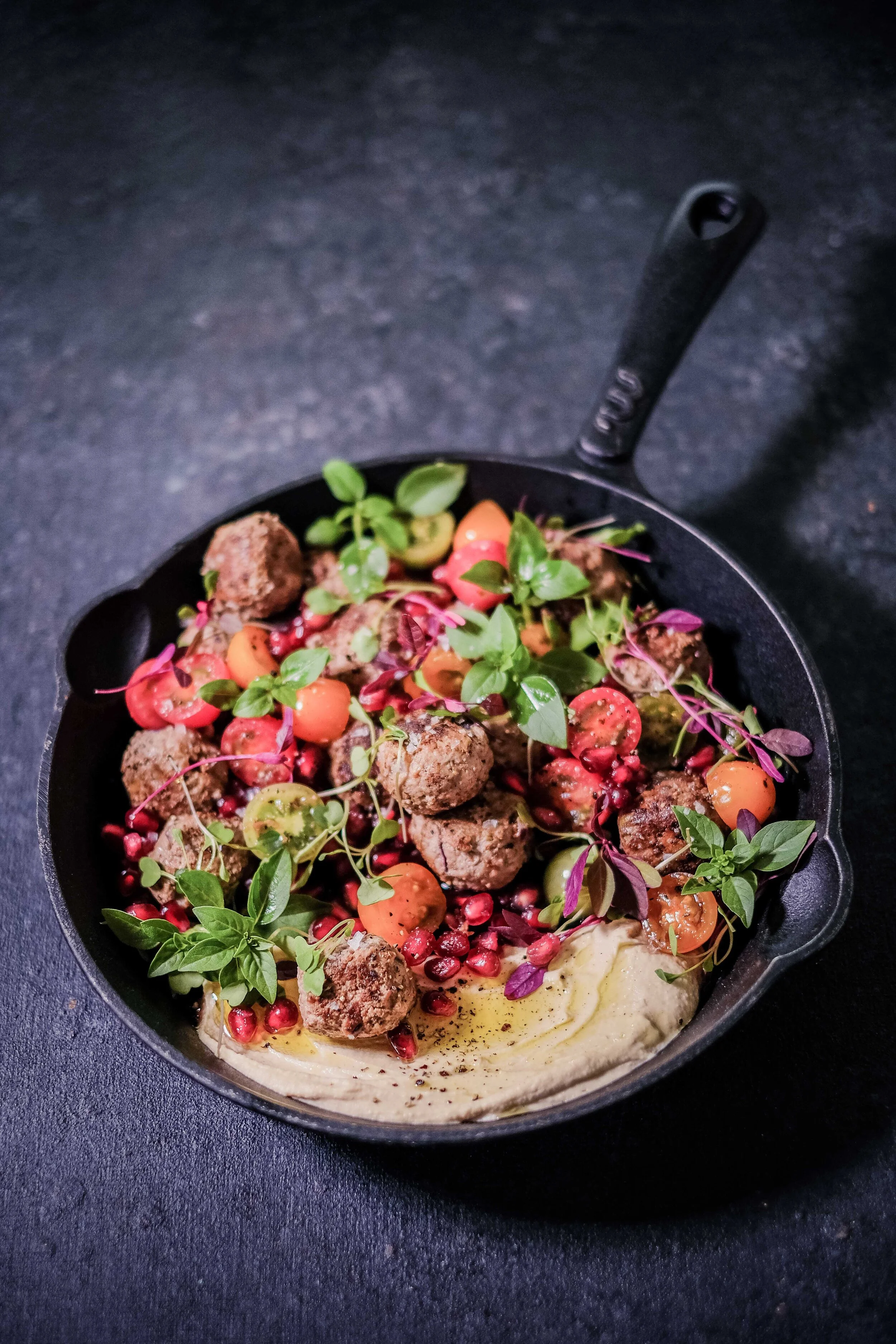 Beef Koftas with Hummus and a Pomegranate Salad