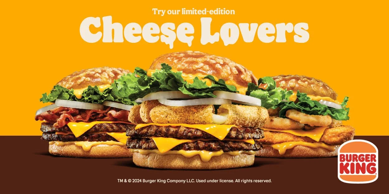 Cheese Lovers burger range styled for Burger King. Food styling by Bianca Delides, photographed by Ben Bergh.