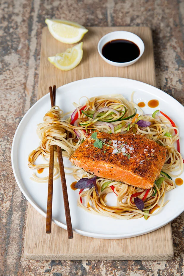Salmon teriyaki with noodles styled for Butcher Block Steakhouse. Food styling by Bianca Delides. Photographed by Rikki Hibbert.