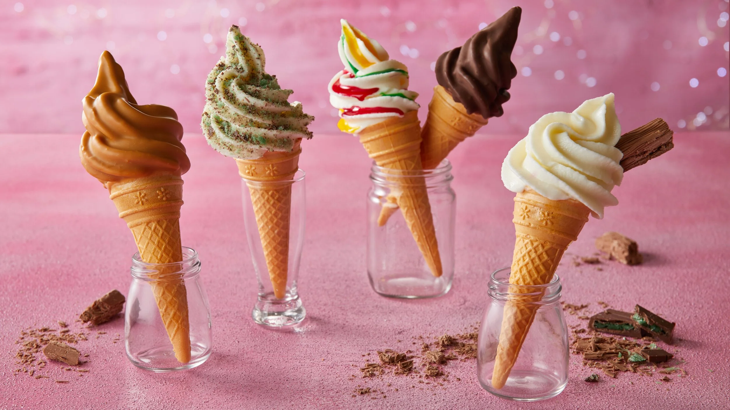 Dipped soft serve ice cream cones styled for Creamy Inn menu. Food styling by Bianca Delides. Photographed by Adam Fine.