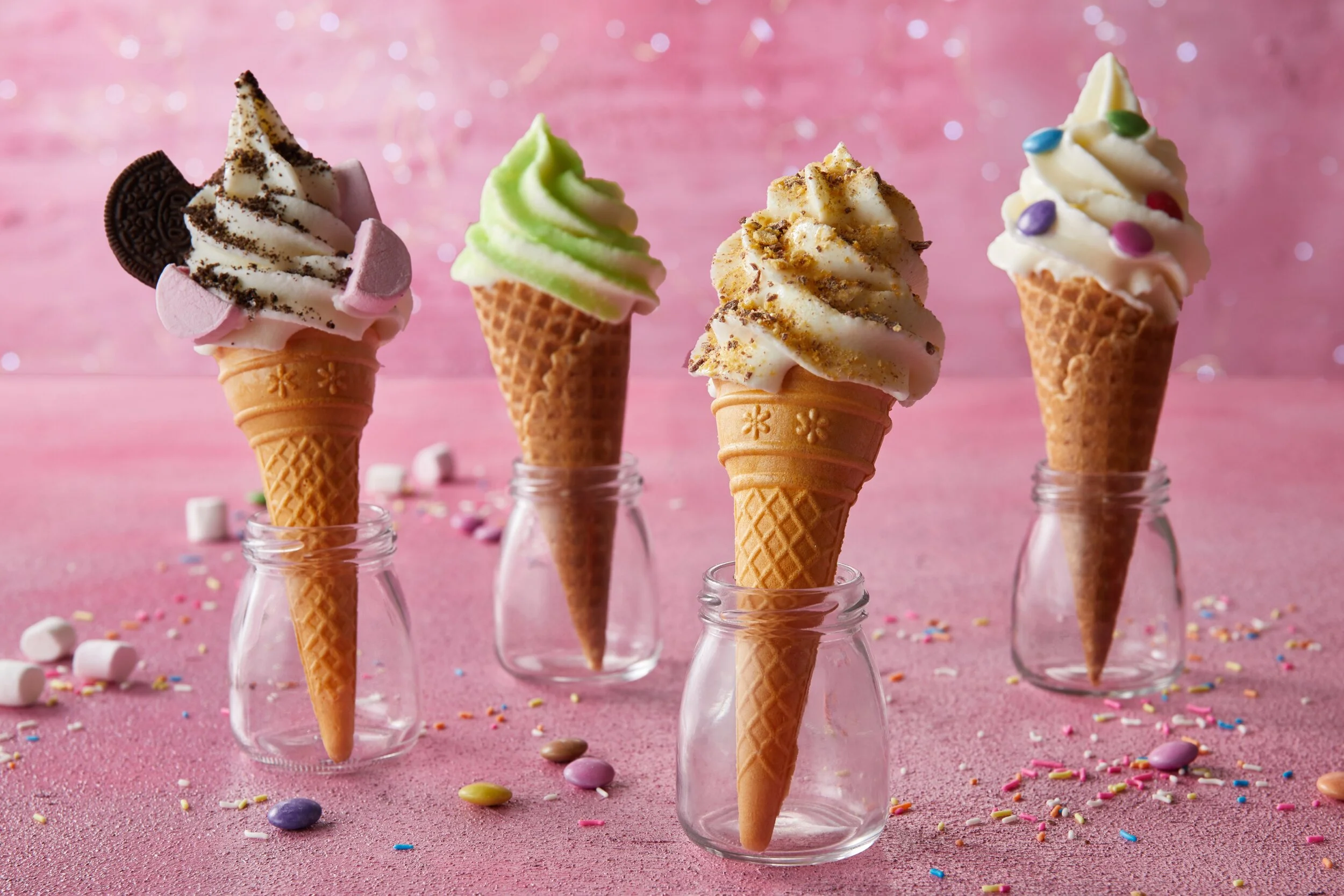 Soft serve ice cream cones styled for Creamy Inn menu. Food styling by Bianca Delides. Photographed by Adam Fine.