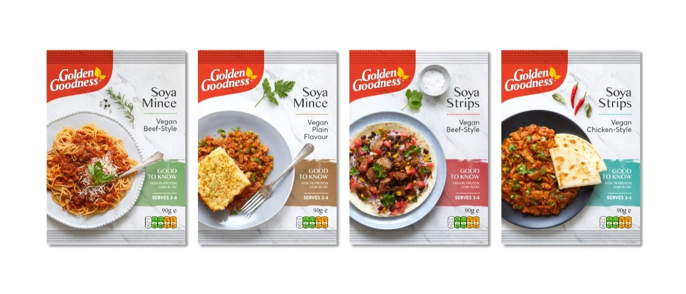 Golden Goodness UK Soy Product Packaging. Food styling by Bianca Delides. Photographed by Paul Shiakalis.