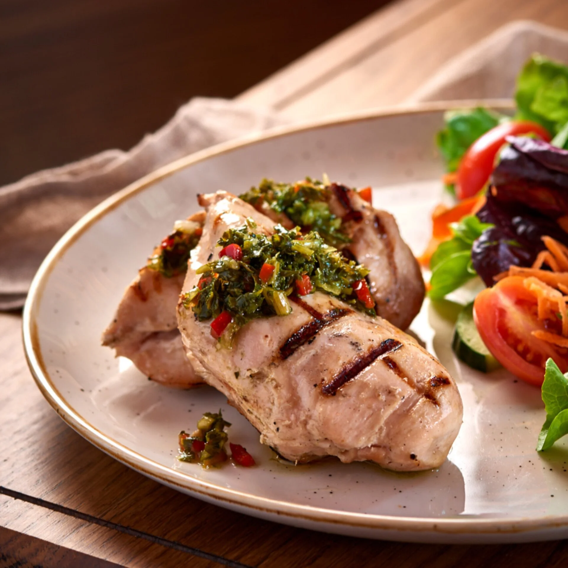 Grilled chicken breasts styled for Moo Moo Steakhouse menu