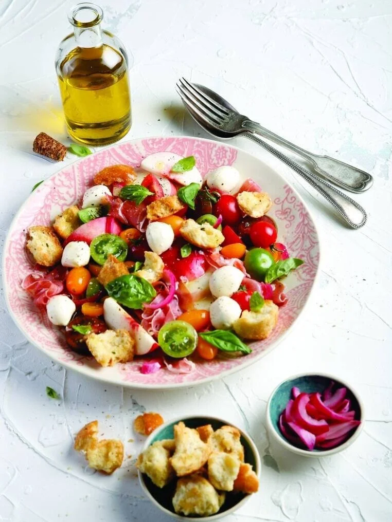 Nectarine Caprese Salad styled for Get It Jhb North magazine. Food styling by Bianca Delides. Photographed by Elsa Niemoller.