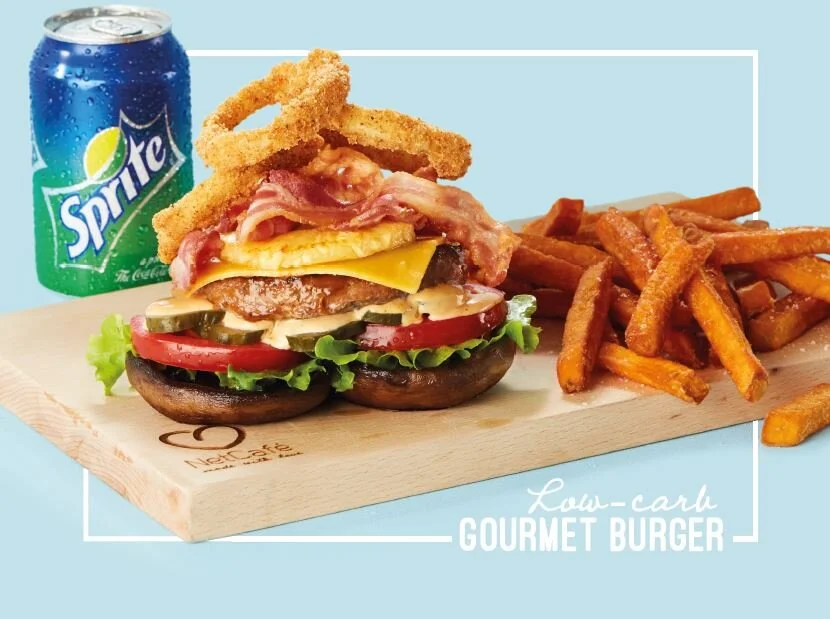 Low Carb Gourmet Burger styled for Netcafe menu. Food styling by Bianca Delides. Photographed by Adam Fine.