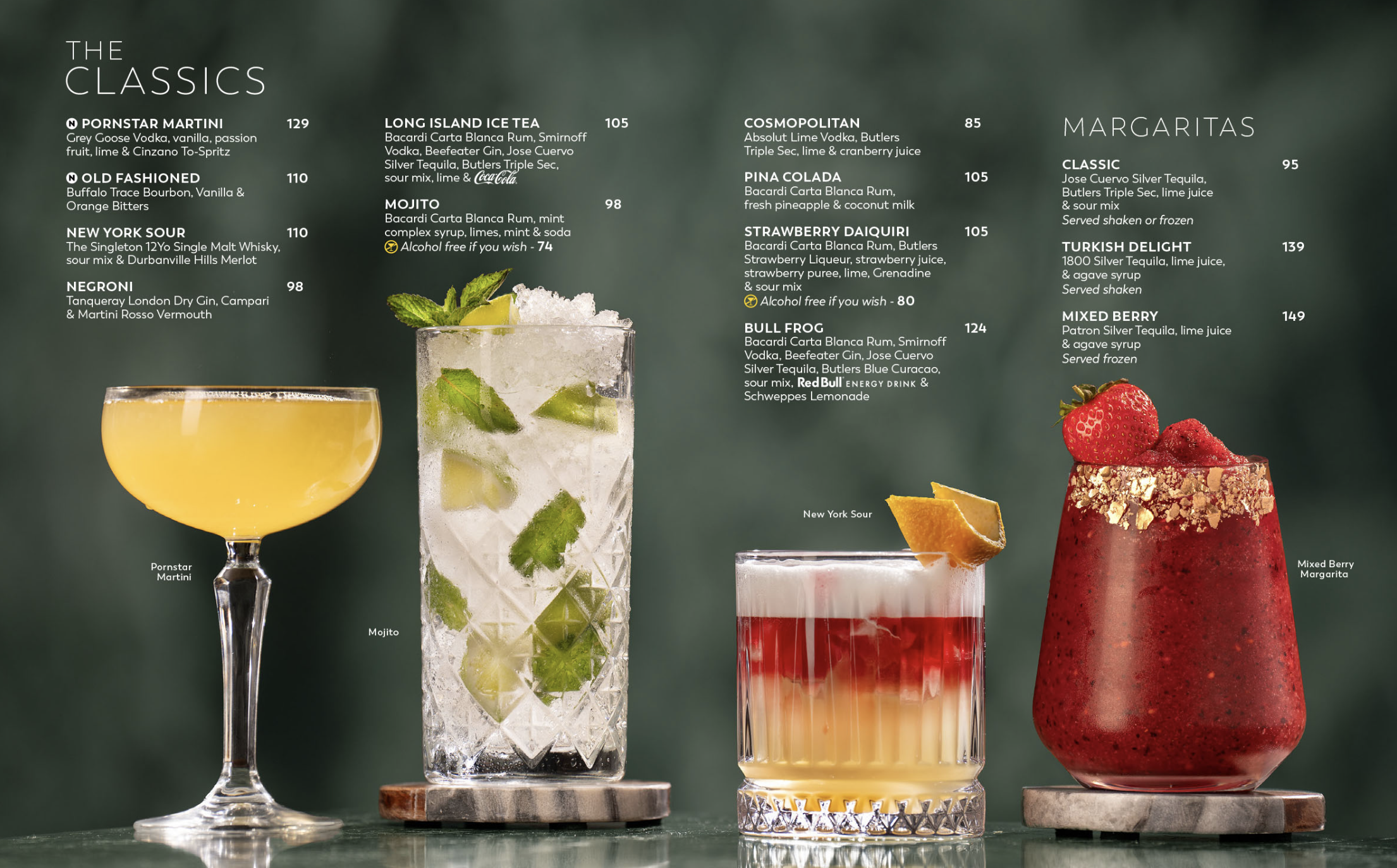 Beverage styling classic cocktails for NewsCafe Cocktails Menu