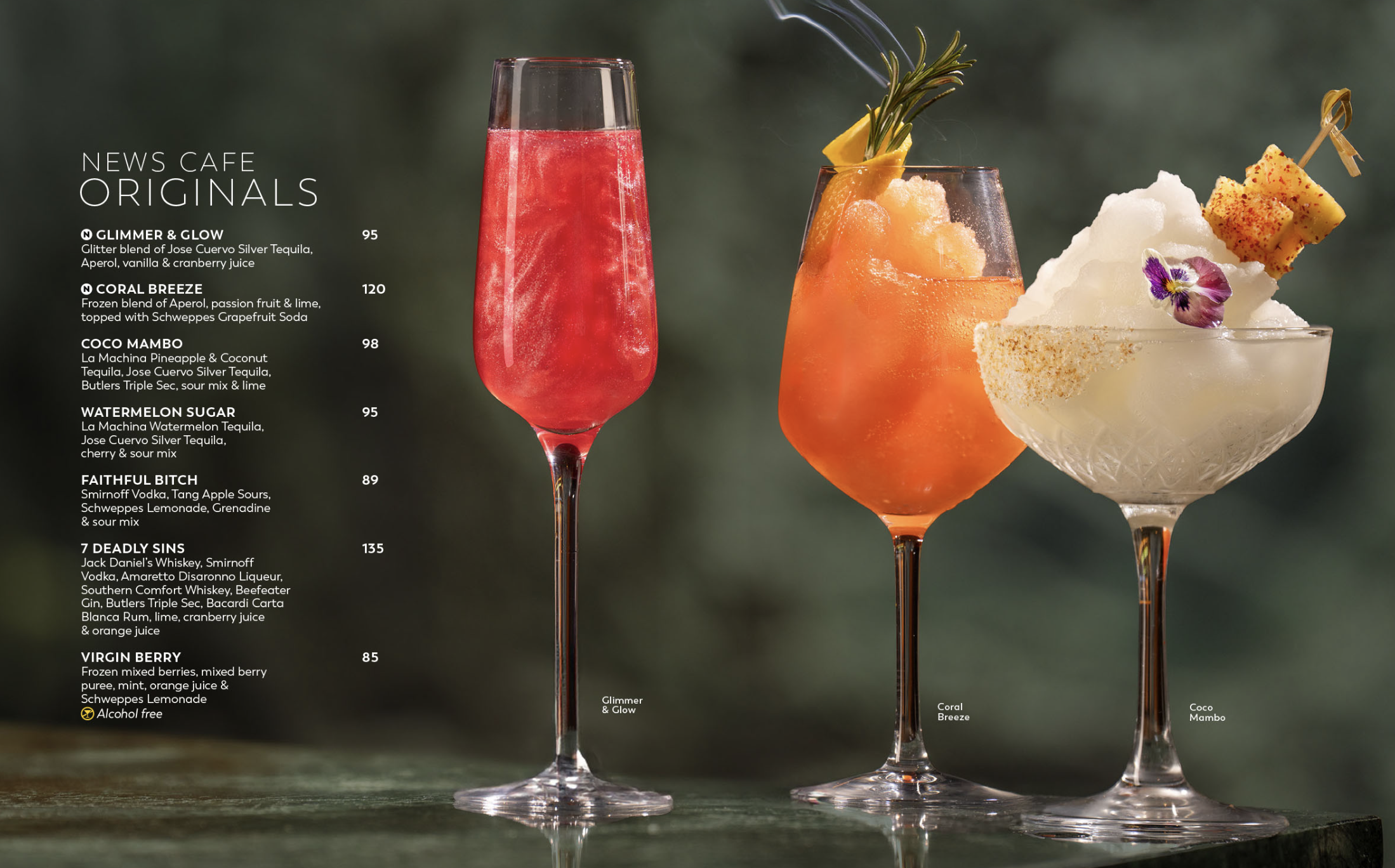 Beverage styling original cocktails for NewsCafe Cocktails Menu