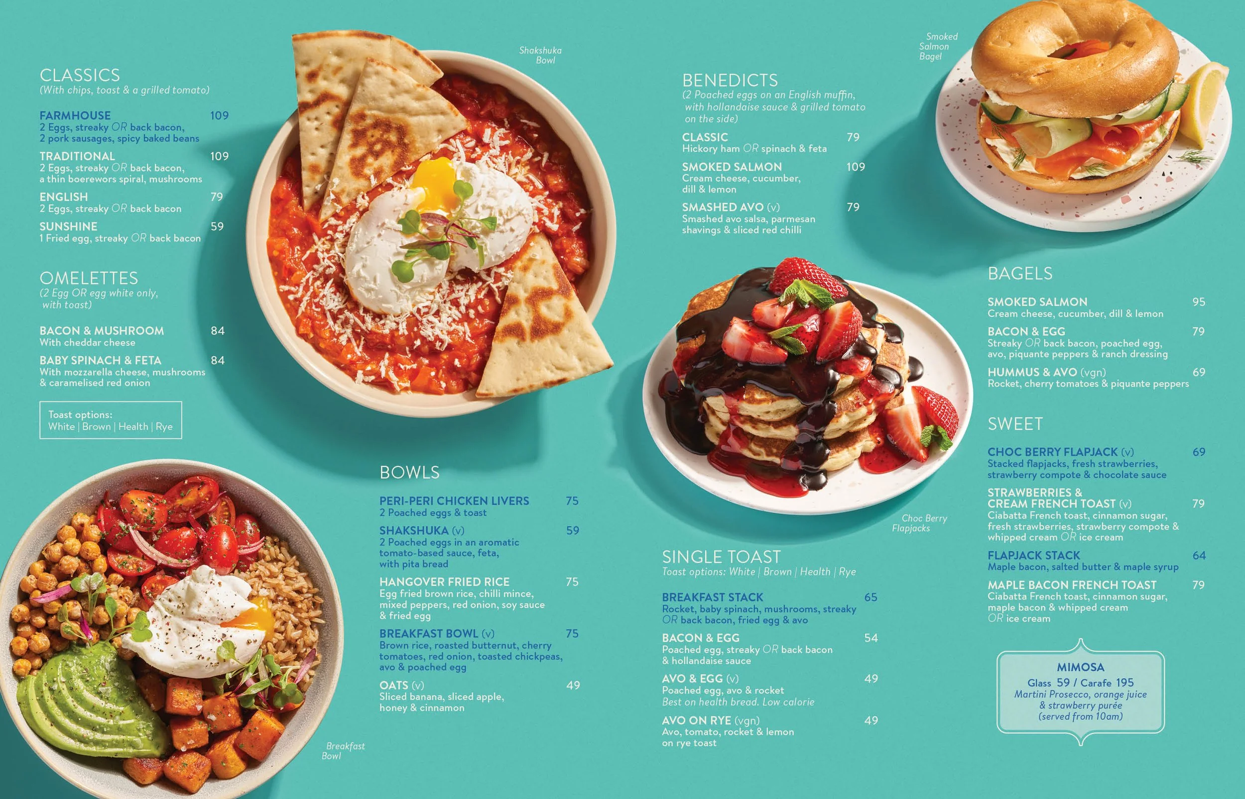 Food styling a selection of breakfasts such as pancakes, bagels, shakshuka for the NewsCafe breakfast menu. Food photography by Michael Knight.