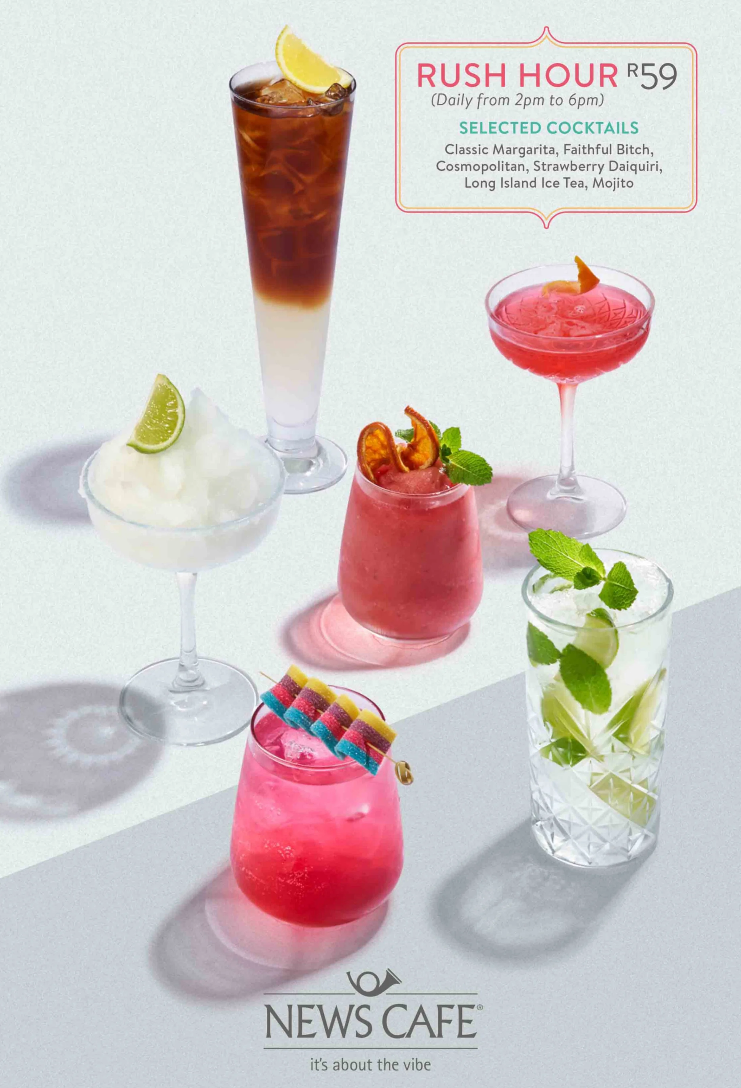 Drink styling a selection of happy hour cocktails for the NewsCafe cocktail menu. Food photography by Michael Knight.