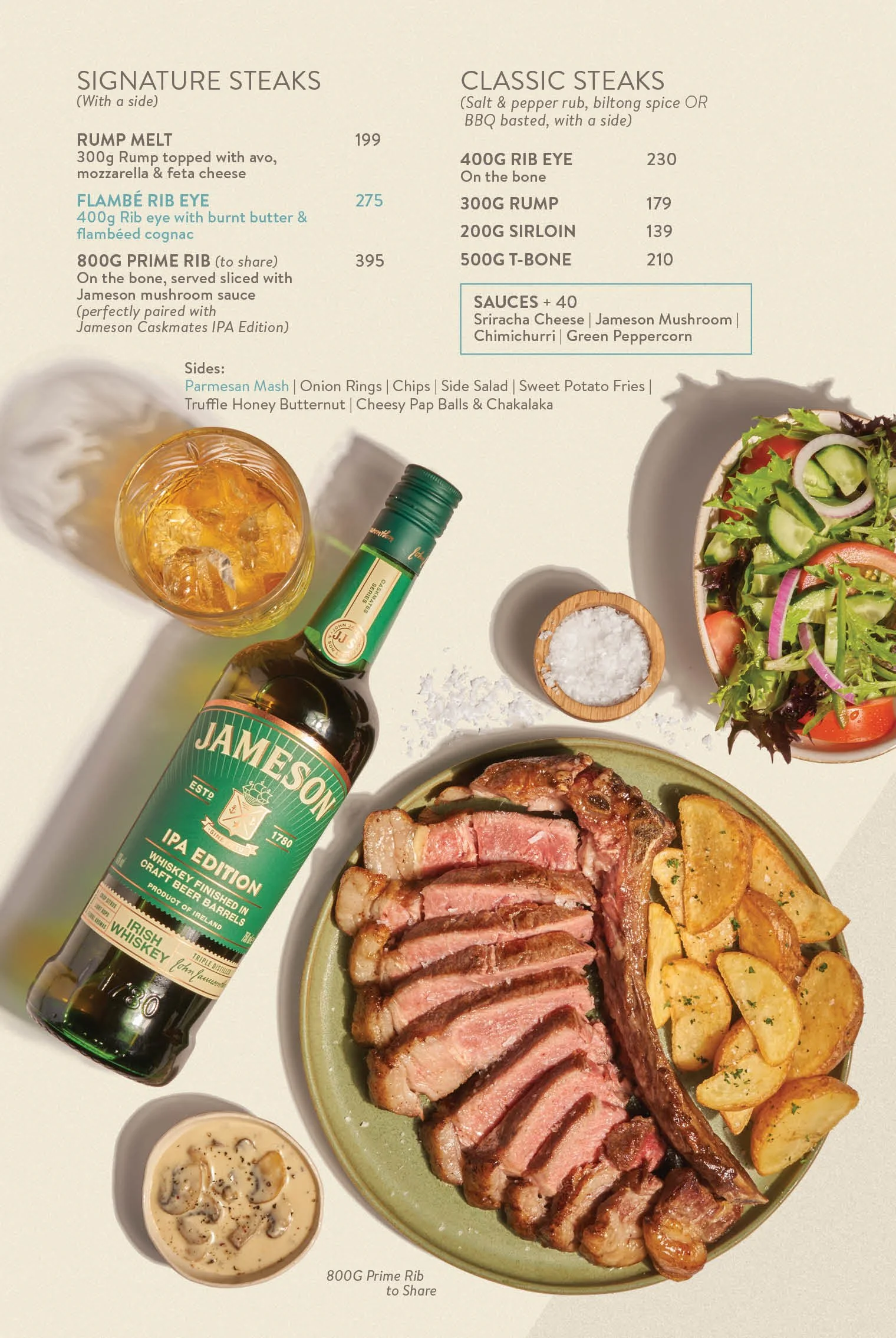 Food styling a prime-rib steak and whiskey sharing platter for the NewsCafe tapas menu. Food photography by Michael Knight.