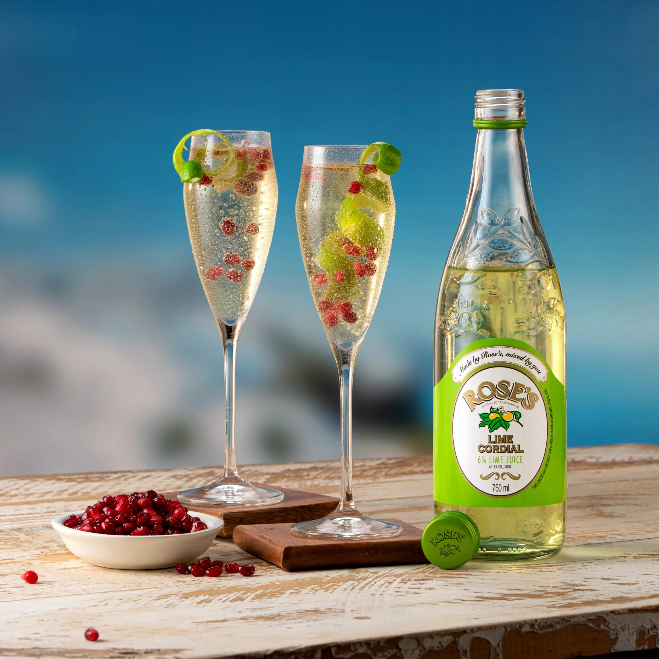 Rose's Lime Royale Prosecco and Rose's Lime Cocktails styled for Rose's. Drink styling by Bianca Delides. 