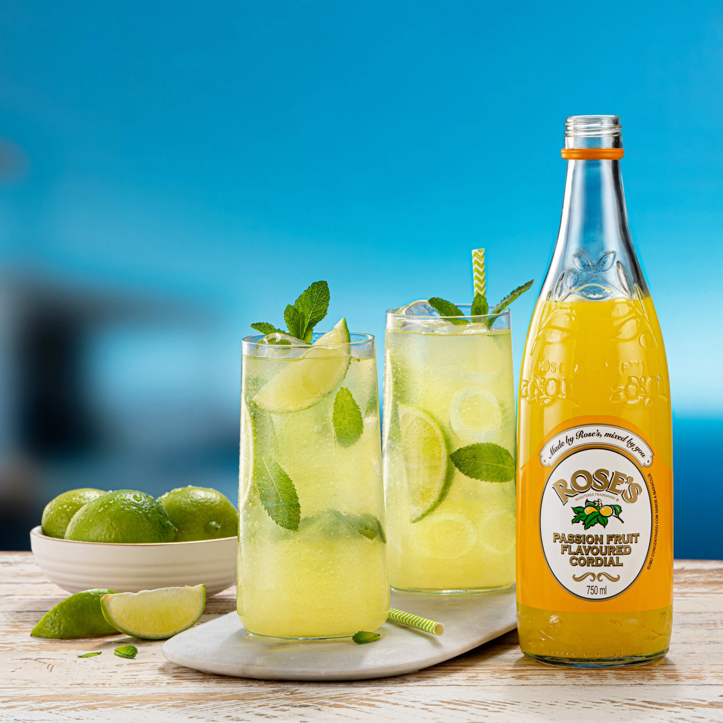 Rose's Mykoyito Rose's Passion Fruit Cordial Mocktails styled for Rose's. Drink styling by Bianca Delides. 