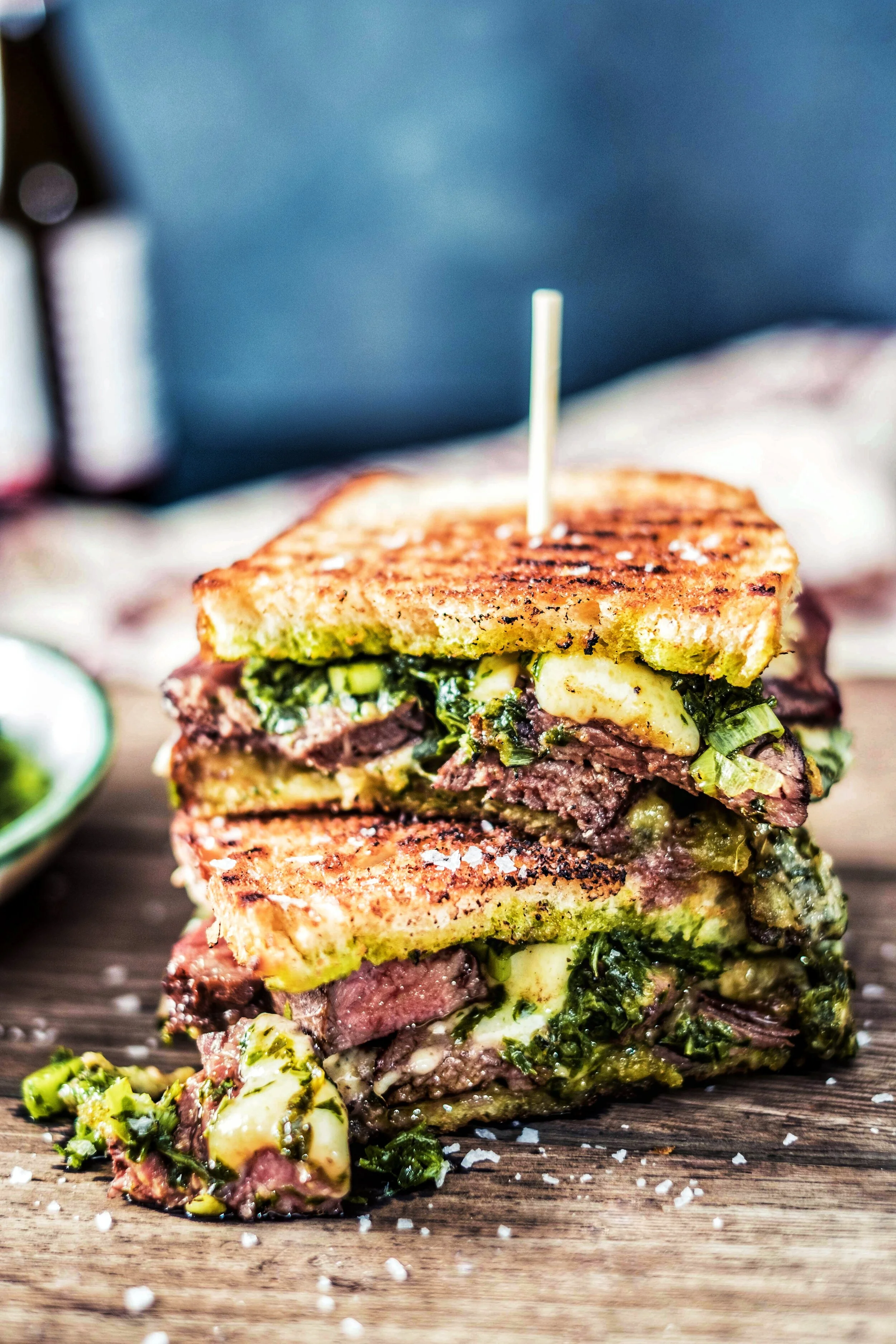 Skirt steak, Gruyere and Chimichurri Toasted Sandwich. Recipe development and food styling for Karan Beef. Photographed by Hendrik Steytler.