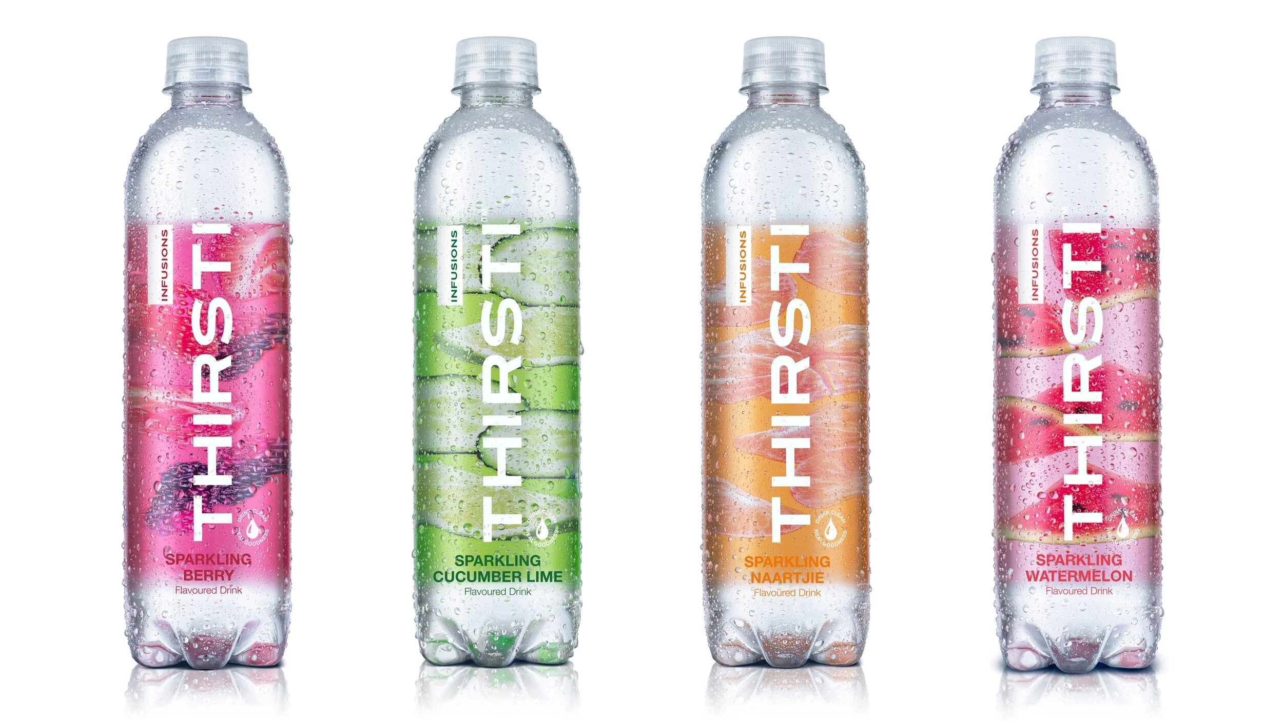 Flavoured water bottles styled for Thirsti water. Product styling by Bianca Delides. Photographed by Ben Bergh.