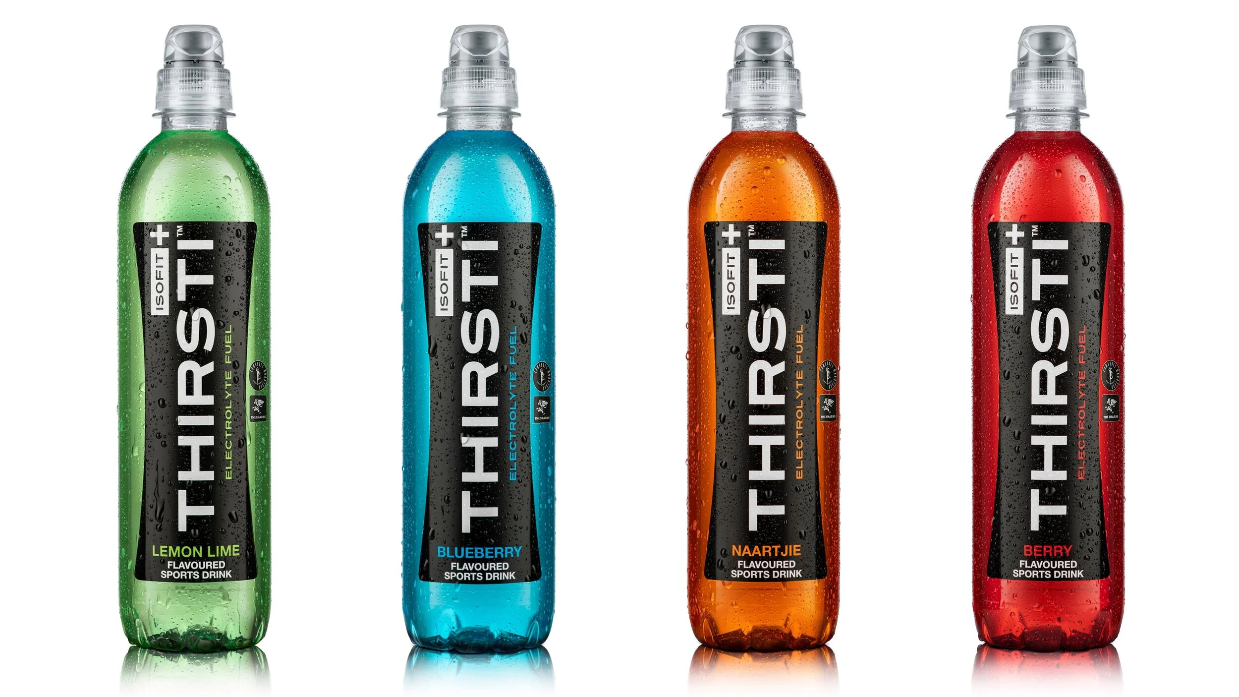 Flavoured sports energy drink bottles styled for Thirsti. Product styling by Bianca Delides. Photographed by Ben Bergh.