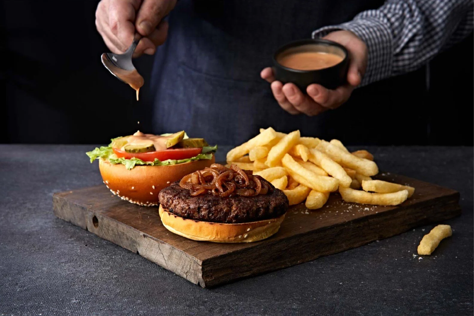Beef burger styled for Turn n' Tender. Food styling by Bianca Delides. Photographed by Adam Fine.