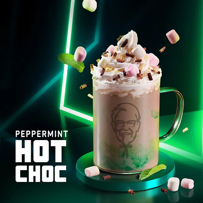 KFC Kentucky Town Pretoria Menu, 'Peppermint Hot Chocolate'. Food styling by Bianca Delides. Photographed by Graeme Borchers.