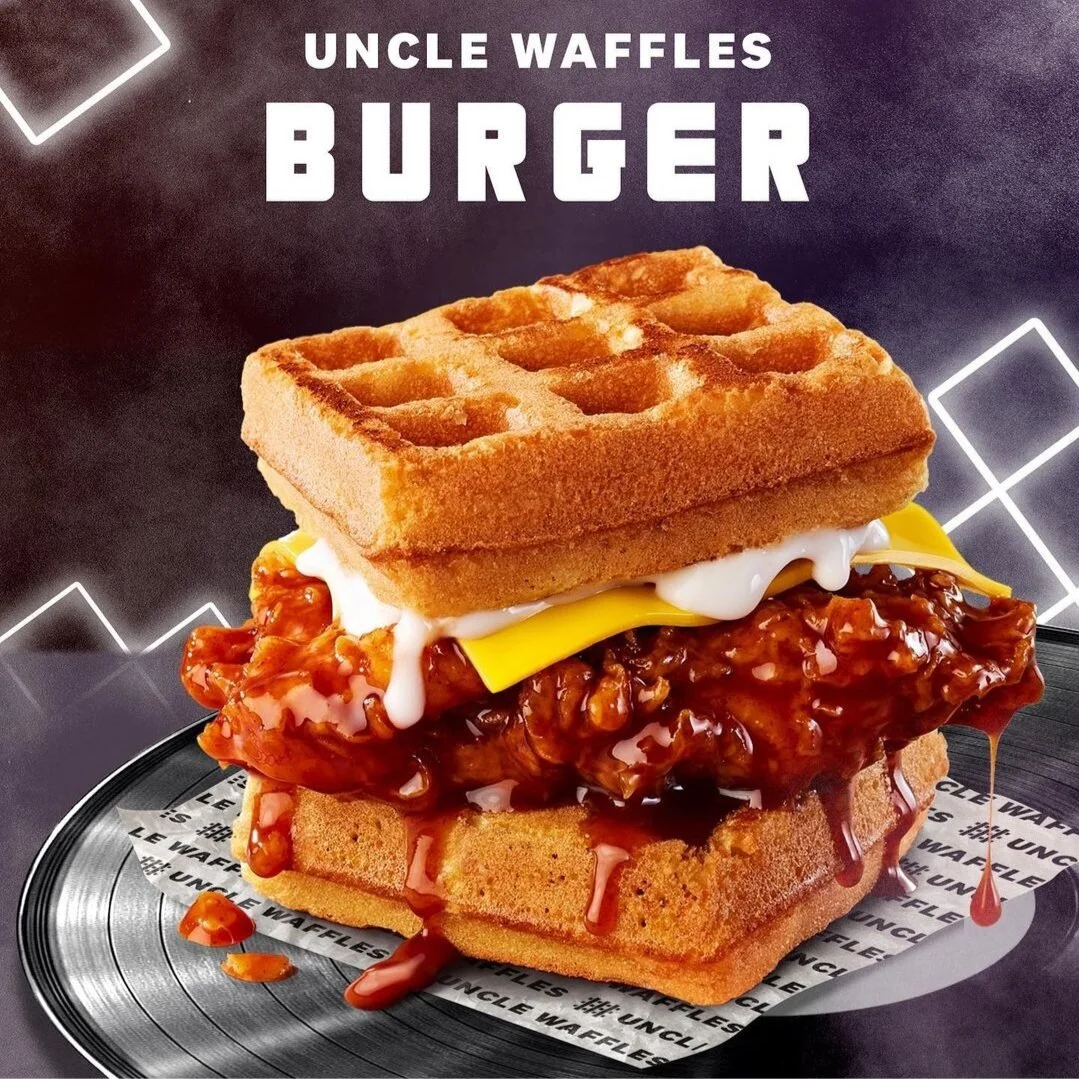 KFC Kentucky Town Pretoria Menu, 'Uncle Waffles Burger'. Food styling by Bianca Delides. Photographed by Adam Fine.